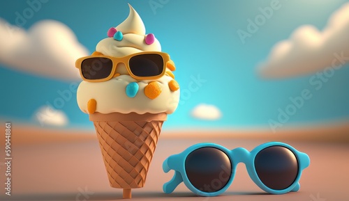 Ice cream with sunglasses on on the beach.