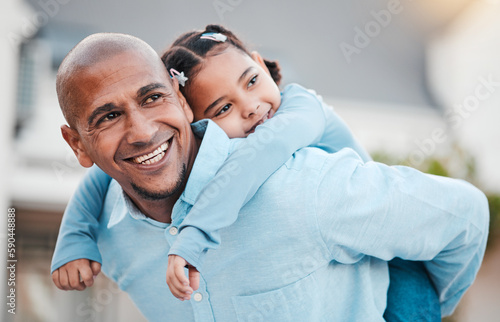 Family, smile and dad with girl on back relax in home garden for bonding, quality time and playing outdoors. Love, piggyback and happy father carry child on summer vacation, weekend and holiday #590448888
