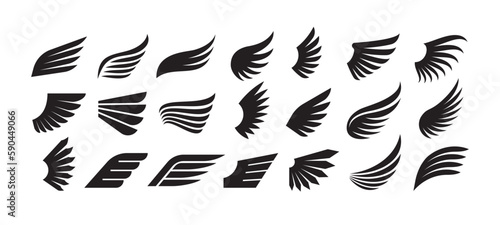 Wings logo. Wing silhouette insignia, angel winged emblems. Eagle, aviation symbols. Vintage tattoo, freedom graphics vector set