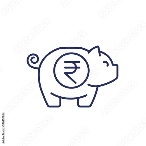 moneybox, piggy bank line icon with indian rupee