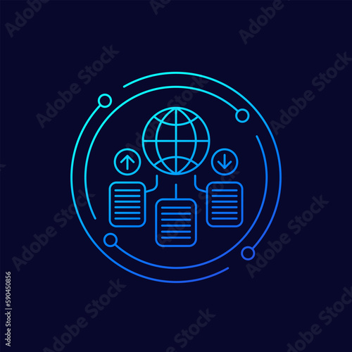 Global data exchange icon with documents, linear design