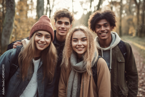 Portrait Of Smiling Young Friends Hiking Outdoors Together