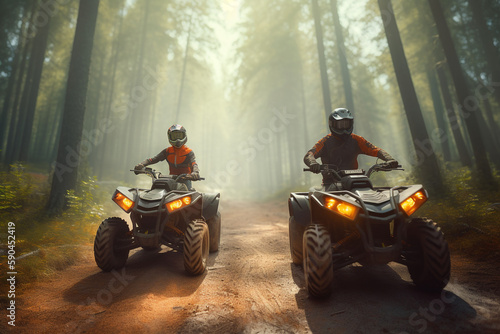 Two Atv riders, speed race in forest, front view, Generative AI 