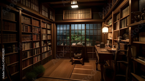 The scene takes place inside a traditional Japanese open house to garden in Kyoto, where a stunning library filled with books immediately catches the eye. Dark wooden shelves cover the walls.