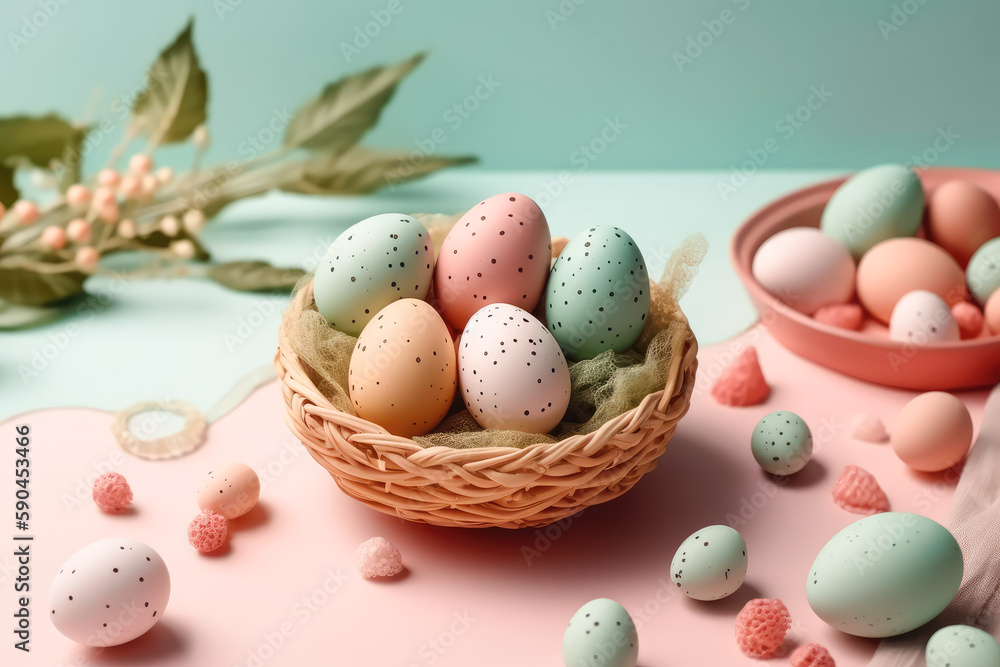 Happy Easter card with multicolored dotted eggs and flowers pastel toned. Generative AI 