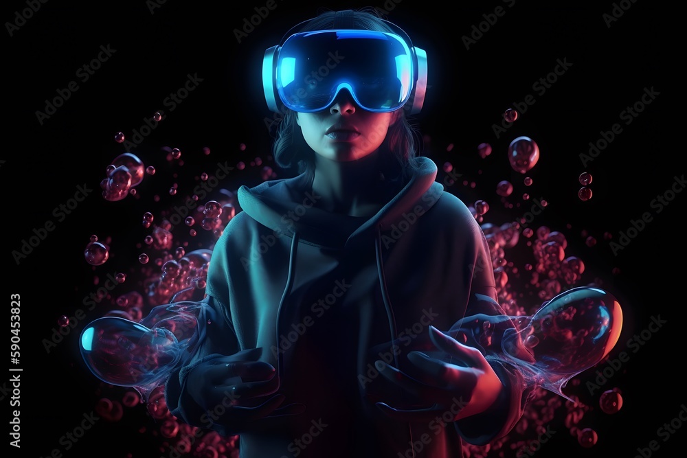 3d realistic female character with futuristic VR glasses and headset. copy space. metaverse concept, technology, video game and virtual reality. 3d rendering. Generative Ai.