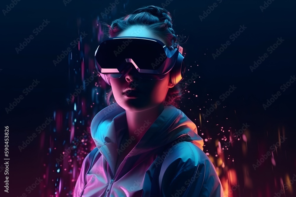 3d realistic female character with futuristic VR glasses and headset. copy space. metaverse concept, technology, video game and virtual reality. 3d rendering. Generative Ai. 3d realistic female character with futuristic VR glasses and headset. copy space. metaverse concept, technology, video game and virtual reality. 3d rendering. Generative Ai.