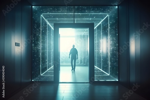 Man Steps into Door Entrance to the Future. Moving Forward to Metaverse, New Technology, Web3.0, Blockchain and the Next Layer of the Internet. Futuristic Illustration. Generative Ai.