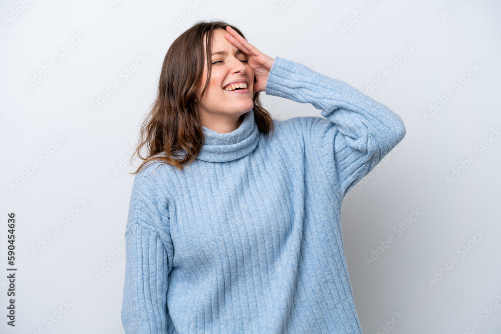 Young caucasian woman isolated on white background smiling a lot Young caucasian woman isolated on white background smiling a lot