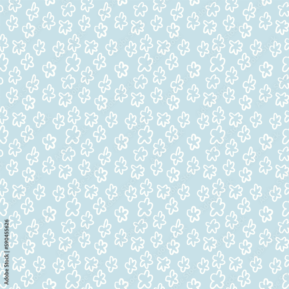 Hand drawn Easter seamless pattern, doodle white flowers on a blue background, great for banners, wallpapers, wrapping.