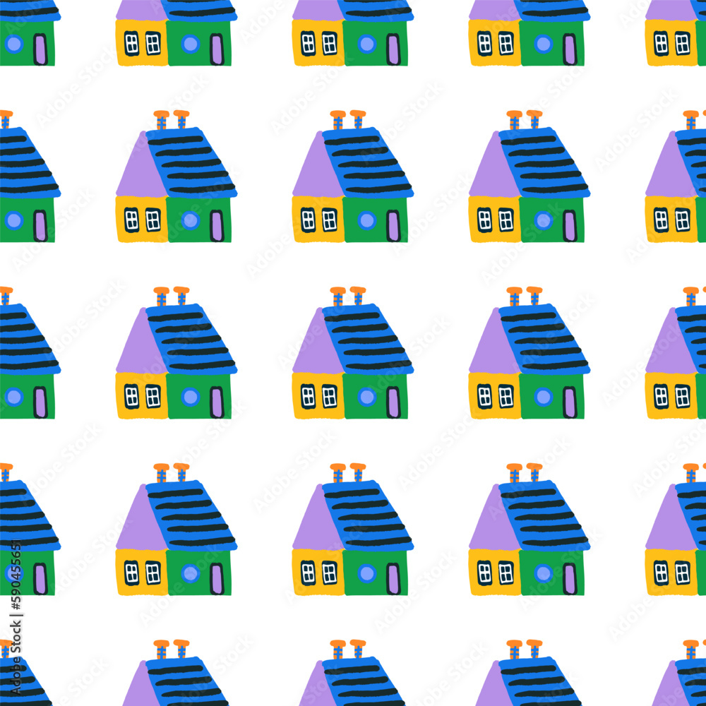 Hand drawn Easter seamless pattern, doodle a colored house on a white background, great for banners, wallpapers, wrapping. - obrazy, fototapety, plakaty 