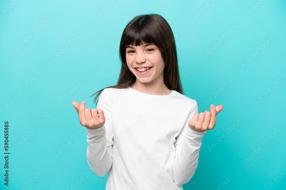 Little caucasian girl isolated on blue background making money gesture Little caucasian girl isolated on blue background making money gesture
