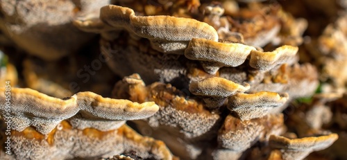 Closeup of turkey tail mushrooms growing in a forest on a sunny day with a blurry background