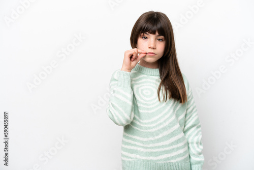 Little caucasian girl isolated on white background showing a sign of silence gesture