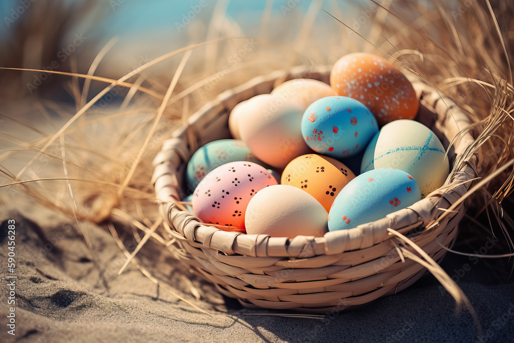 Traditional Orthodox Easter. Easter dotted in a nest on wooden background. Generative AI 