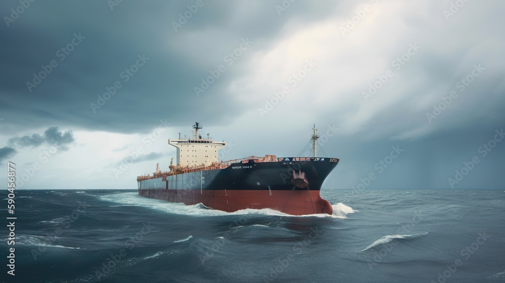 Low angle view on huge fuel tanker ship in the sea. Generative AI Low angle view on huge fuel tanker ship in the sea. Generative AI