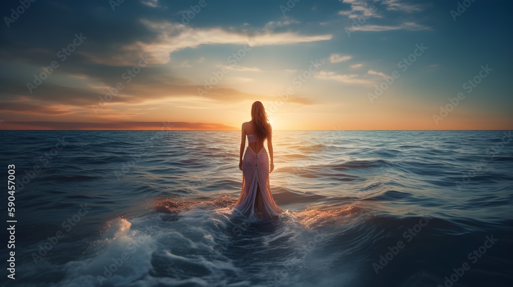 woman with elegant dress in the sea