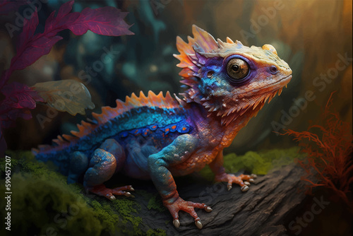 Multicolor Bearded dragon. Dragon Eye. Rainbow Fantasy monster. Ancient reptile. Close-up. Vector illustration.