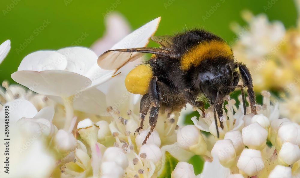 Macro of a buff-tailed bumblebee, Bombus terrestris pollinating on a white flowering plant Macro of a buff-tailed bumblebee, Bombus terrestris pollinating on a white flowering plant