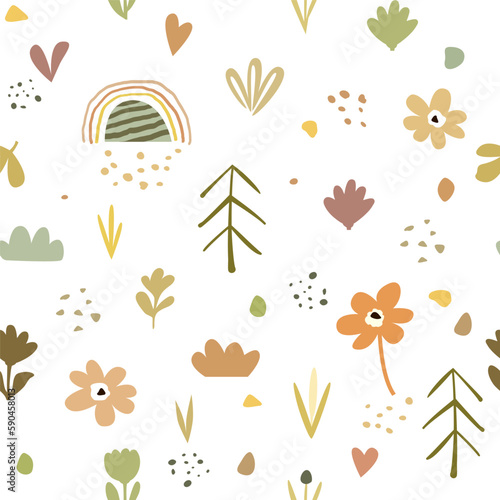 Modern seamless pattern from a set of children's botanical primitive drawings, various elements in pastel colors. Cute design in flat style isolated on white background