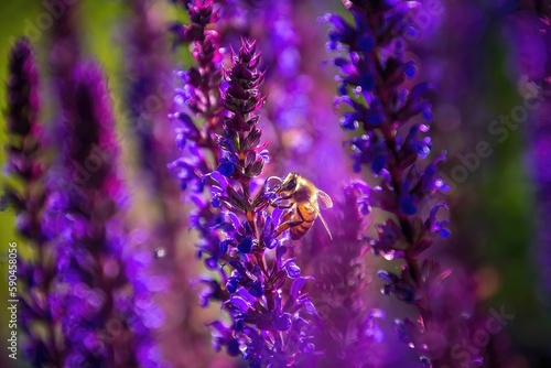 Closeup of a Western honey bee pollinating on the may night meadow sage flowering plant