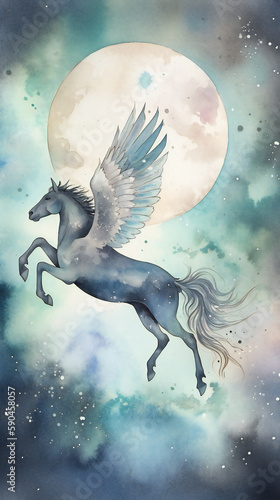 Peaceful Pegasus silhouette against full moon and starry sky, watercolor painting, generative AI