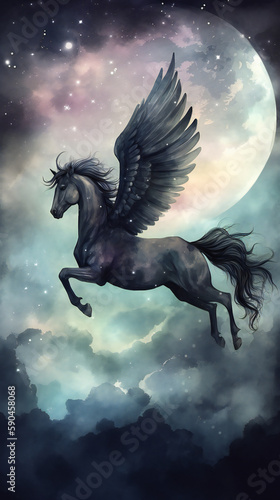 Peaceful Pegasus silhouette against full moon and starry sky, watercolor painting, generative AI