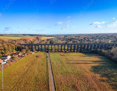 Aerial view of Digswell Viaduct bridge on a sunny autumn day in Welwyn