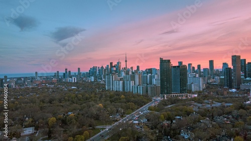 Photography Toronto city with Pink Sunset from Don Valley