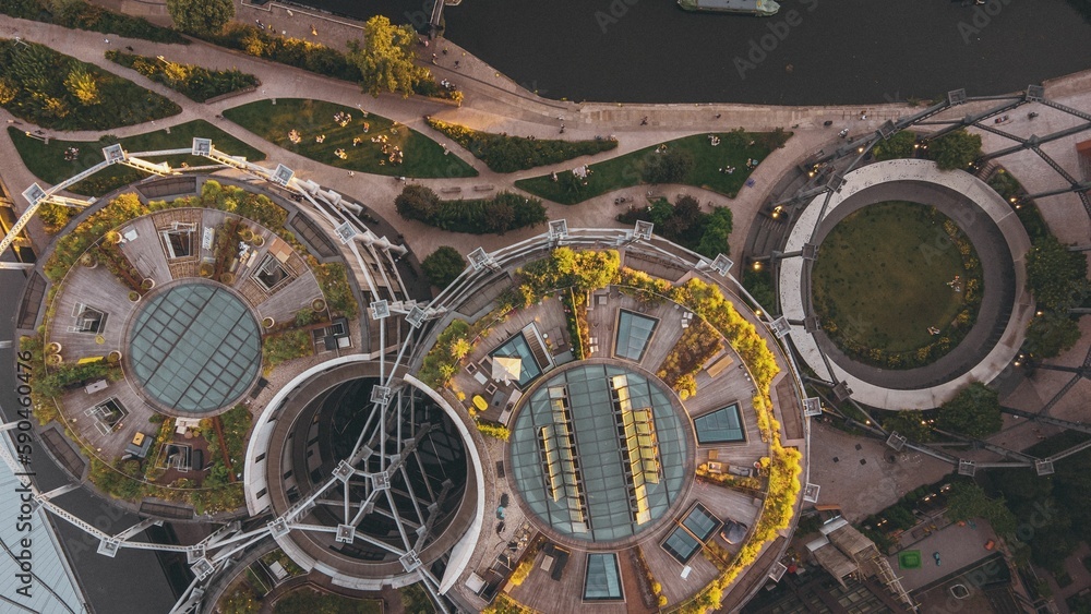 Aerial top view of the Gasholder Park in London, UK