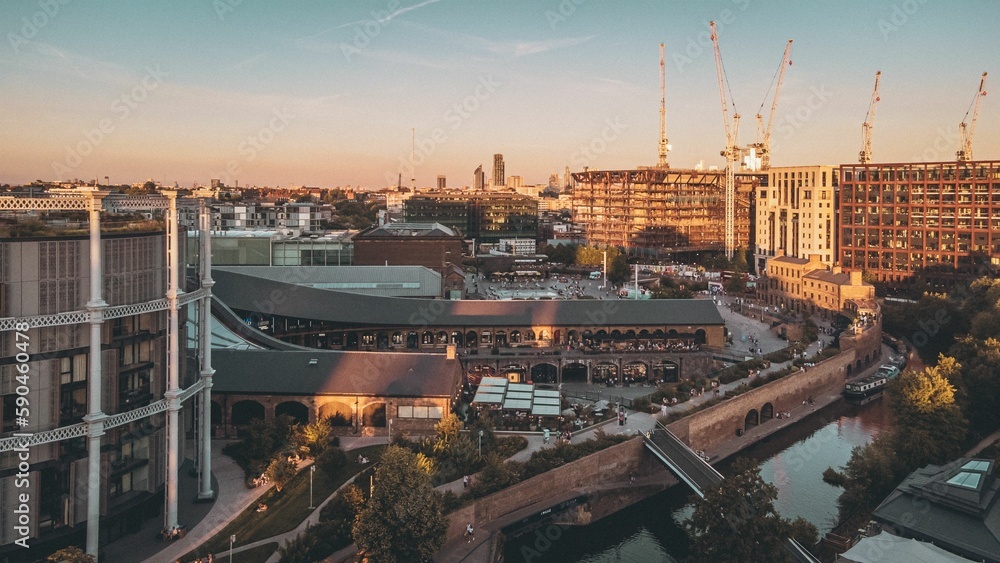 Fototapeta premium Aerial view of the Regent's Canal Towpath at sunset