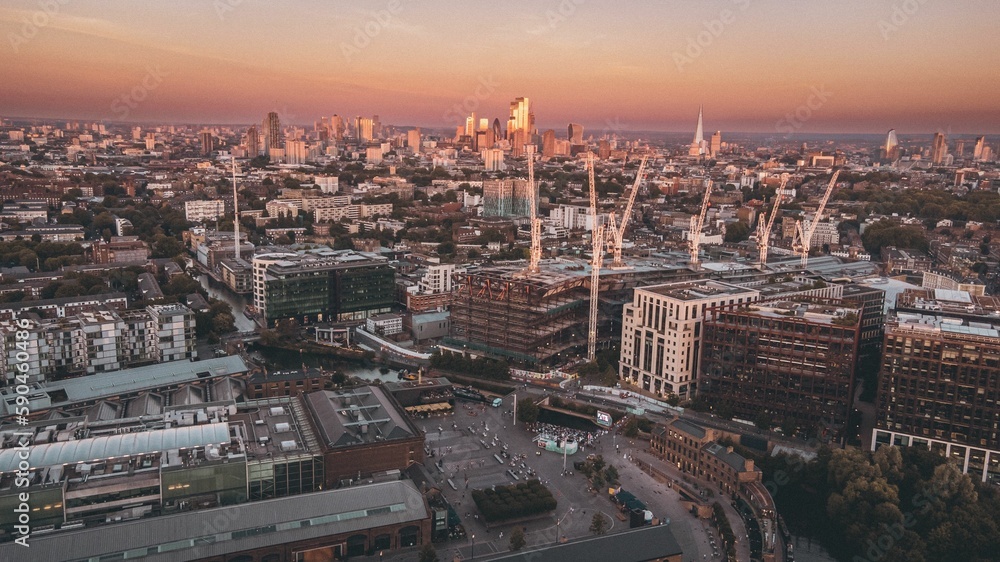 Aerial view of the Kings Cross under a cinematic sunset sky