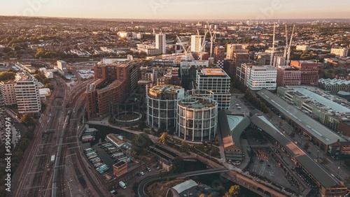 Aerial view of the Gasholder Park at sunset in London  UK