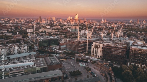 Aerial view of the Kings Cross under a cinematic sunset sky