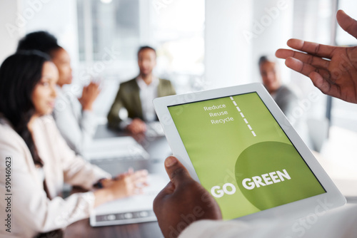 Go green, business meeting and people on tablet screen for sustainable project, eco friendly investment and growth. Paperless or vegan presentation, sustainability and man speaker speaking to clients photo