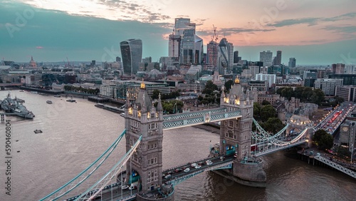 Photography Aerial shot of the Tower Bridge over river Thames at sunset