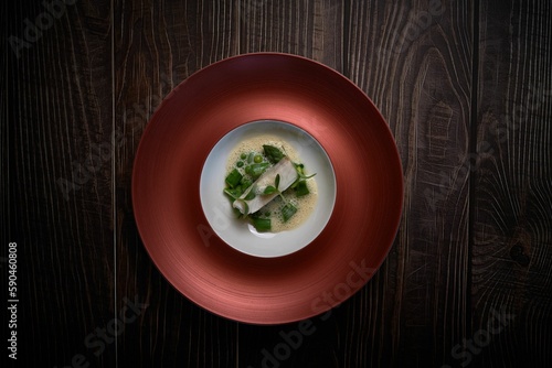 Top view of a delicious fish garnished with peas and aloe in a puree on a plate on a wooden table