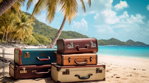 vintage suitcases on sand and beach background with palm trees, generative ai © tetxu