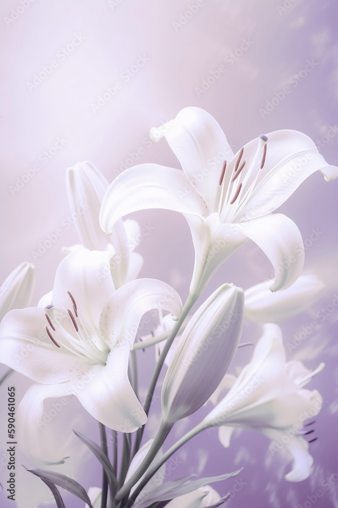 white lilies on pastel purple background close up