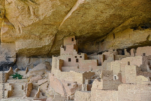 Beautiful view of Mesa Verde National Park with stone cliffs dwellings in Colorado