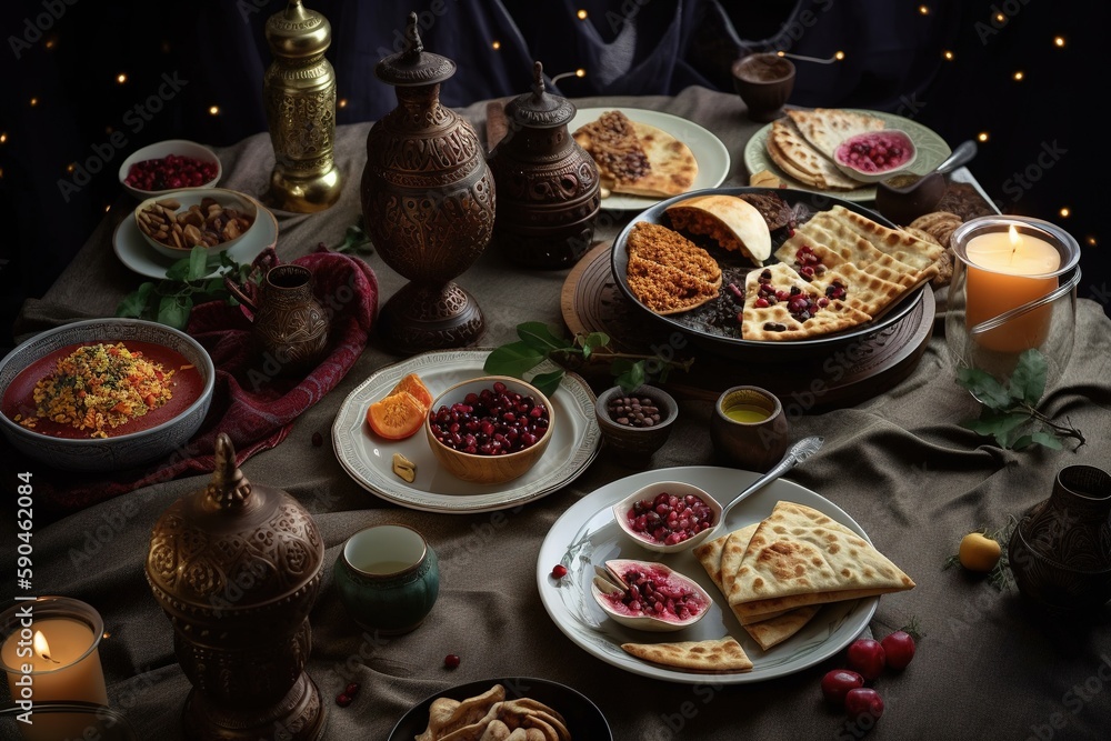 Arabic traditional festive food on a dark background. Arab religious holidays, Ramadan. Islam. Arab culture, religion, hospitality. generative ai