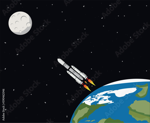 Chandrayaan heading toward moon from earth with black sky and stars in background | ISRO Satellite Launch Vehicle (GSLV) vector illustration | Indian Space Program