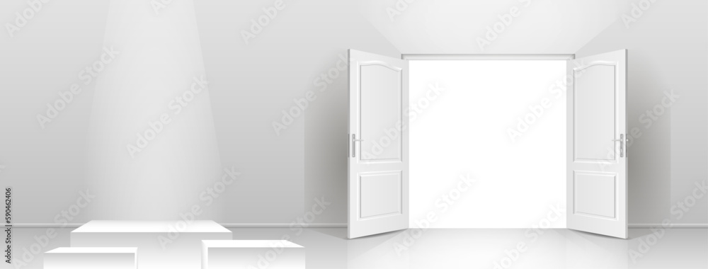 The interior of an empty room with a white wall, an open door and a white podium.
Free space for copying a 3d image. The interior of an empty room with a white wall, an open door and a white podium.
Free space for copying a 3d image.