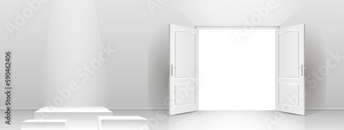 The interior of an empty room with a white wall, an open door and a white podium. Free space for copying a 3d image.