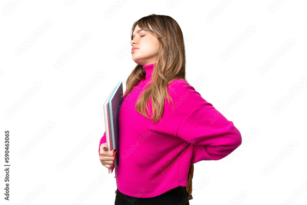 Young student girl over isolated chroma key background suffering from backache for having made an effort Young student girl over isolated chroma key background suffering from backache for having made an effort