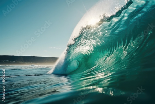  Ocean wave surfing. Sunny day with a breaking turquoise wave, generative AI