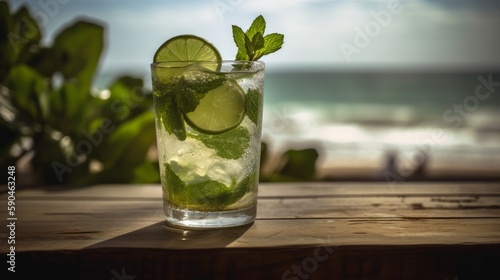 refreshing mokjito with beach background, generative ai