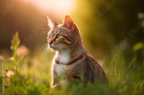 Tabby gray cat sits in the grass outdoor. Generative AI.