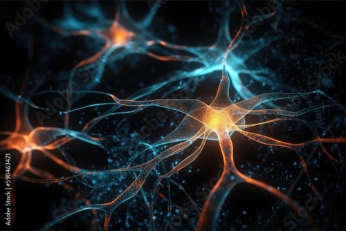 Conceptual illustration of neuron cells with glowing link knots. Blue orange Neurons in brain on with focus effect. Synapse and Neuron cells sending electrical chemical signals, generative AI