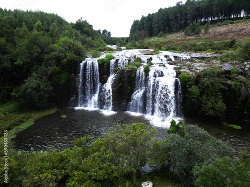 Landscape view of Forest Falls with cloudy sky in background  Sabie  South Africa